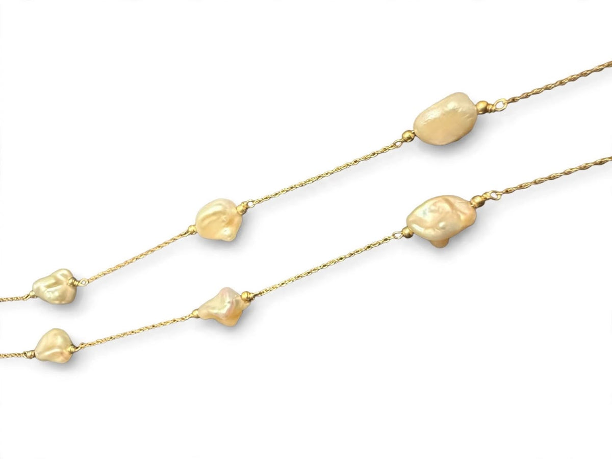 Baroque Pearl Station Necklace 14k pure Gold whit pearls