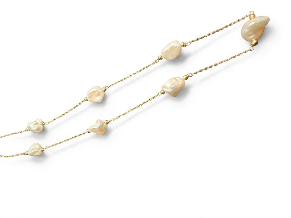 Baroque Pearl Station Necklace 14k pure Gold whit pearls